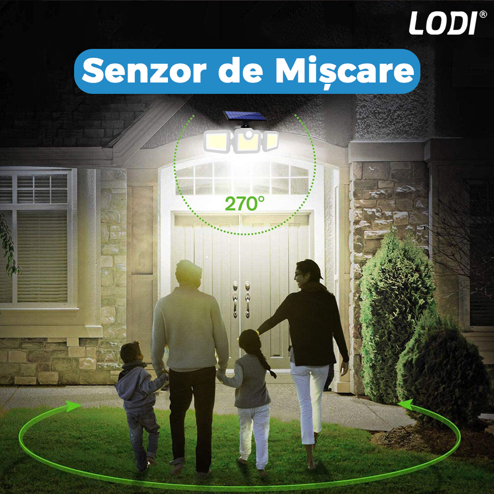 Lampa Solara Tripla 86 LED-uri Lodi263, senzor de miscare, 3 moduri de iluminare, protectie IP65, Waterproof, exterior, negru