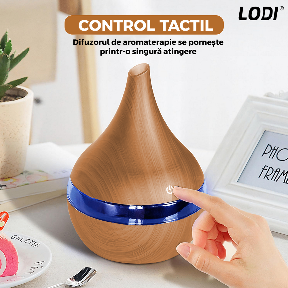 Difuzor Aromaterapie Lodi1462, forma conica, lumini ambientale, control tactil, capacitate 200ml, silentios, rezerva inclusa, alimentare USB, umidifica aerul, stejar deschis
