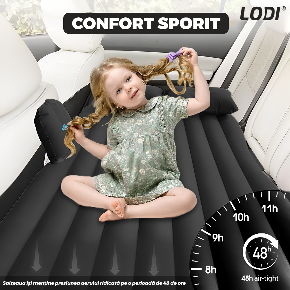 Saltea Auto Gonflabila 2 in 1 Lodi1237, scaun spate si travel bed, materiale calitative, pluristratificata, saculet de depozitare, pompa pentru umflare inclusa, 138 x 85 cm, negru