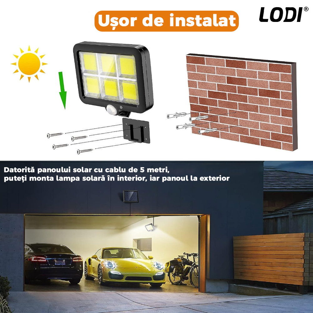 Lampa Solara 120 COB Lodi134, senzor de miscare, 3 moduri de iluminare, protectie IP65, Waterproof, exterior, negru
