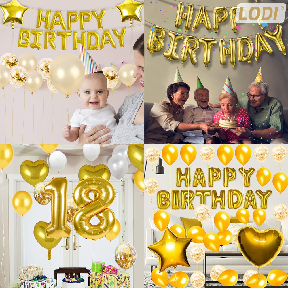 Set 27 Baloane Lodi768, Litere, pentru Petreceri/Aniversari/Evenimente, confetti, stelute, inimioare, model HAPPY BIRTHDAY, gold