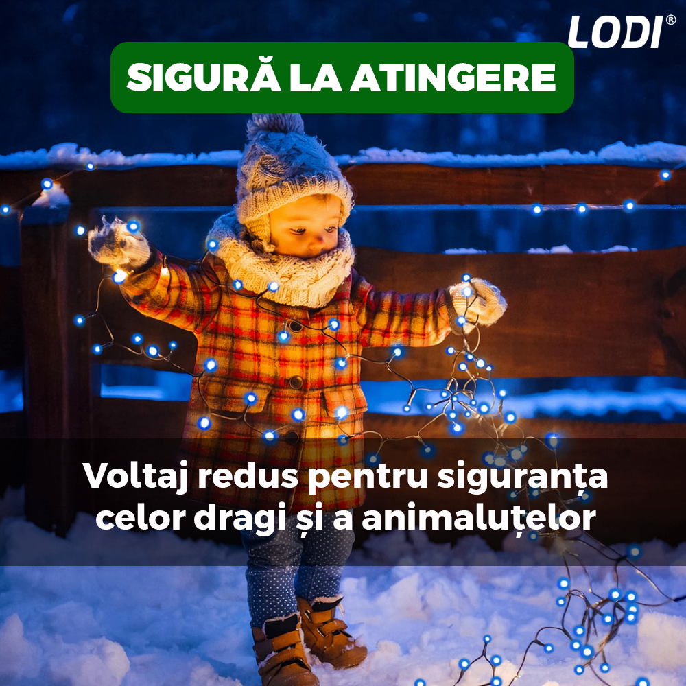 Instalatie de Craciun Liniara Lodi1438, 240 LED-uri, 8 jocuri de lumini, alimentare la priza, interior/exterior, rezistenta la apa, 50 m, albastru