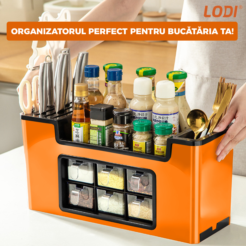Organizator Multifunctional pentru Bucatarie Lodi601, 6 Compartimente, raft condimente, suport detasabil telefon, tavita de scurgere, suport tacamuri/ustensile, portocaliu