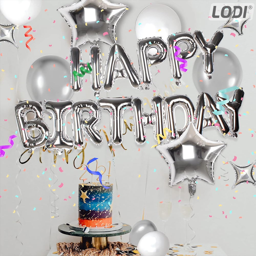 Set 25 Baloane Lodi718, Litere, pentru Petreceri/Aniversari/Evenimente, confetti, stelute, model HAPPY BIRTHDAY, argintiu