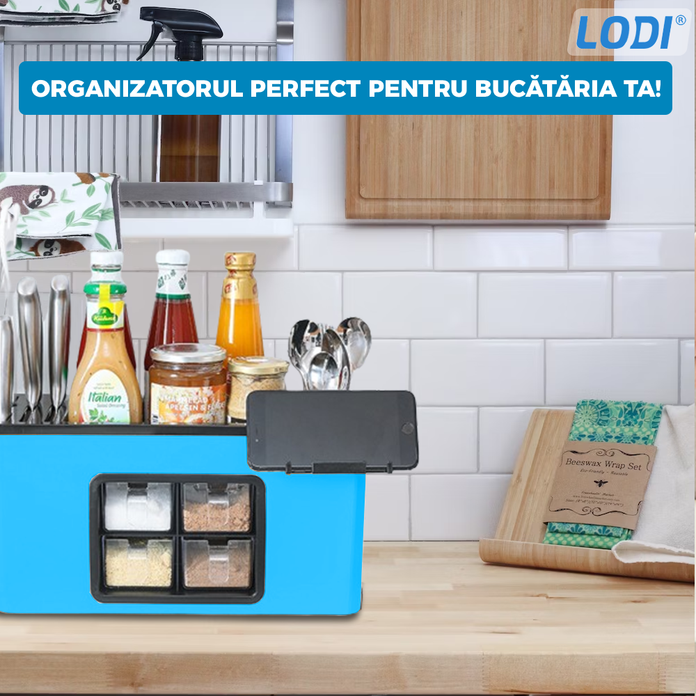 Organizator Multifunctional pentru Bucatarie Lodi604, 4 Compartimente, raft condimente, suport detasabil telefon, tavita de scurgere, suport tacamuri/ustensile, albastru
