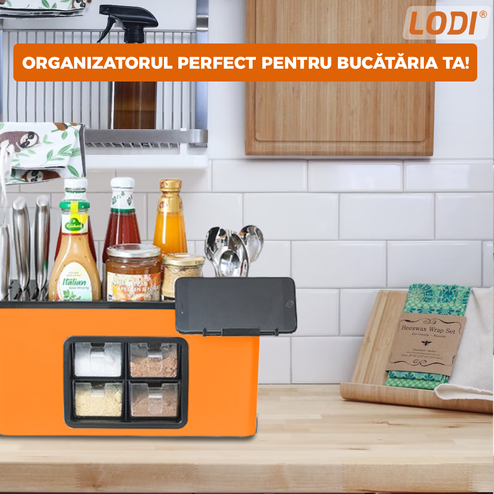Organizator Multifunctional pentru Bucatarie Lodi603, 4 Compartimente, raft condimente, suport detasabil telefon, tavita de scurgere, suport tacamuri/ustensile, portocaliu