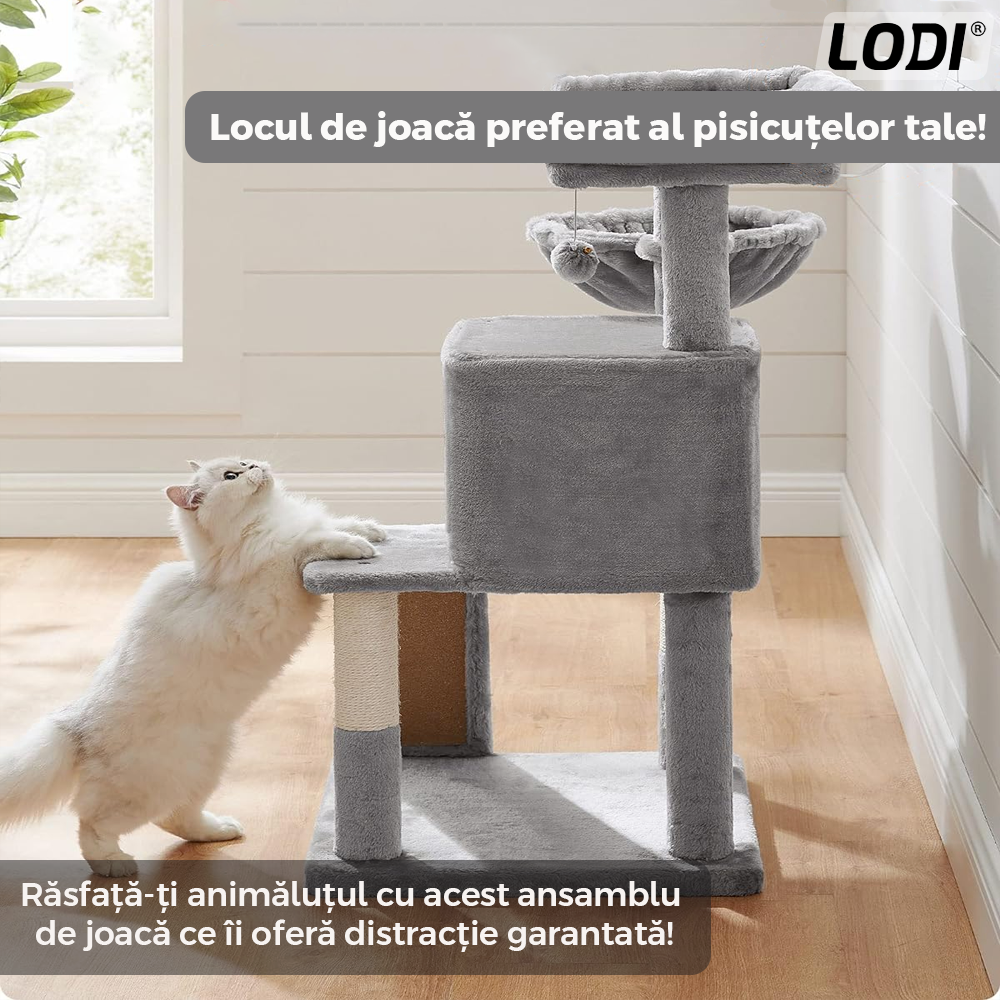 Ansamblu de Joaca pentru Pisici Lodi624, tip turn,1 platforma de observatie, 3 niveluri, 1 casuta, scara, hamac, franghie si mingiuta de joaca, stalpi pentru zgariat, captuseala extra moale, structura stabila, 96 cm, gri deschis