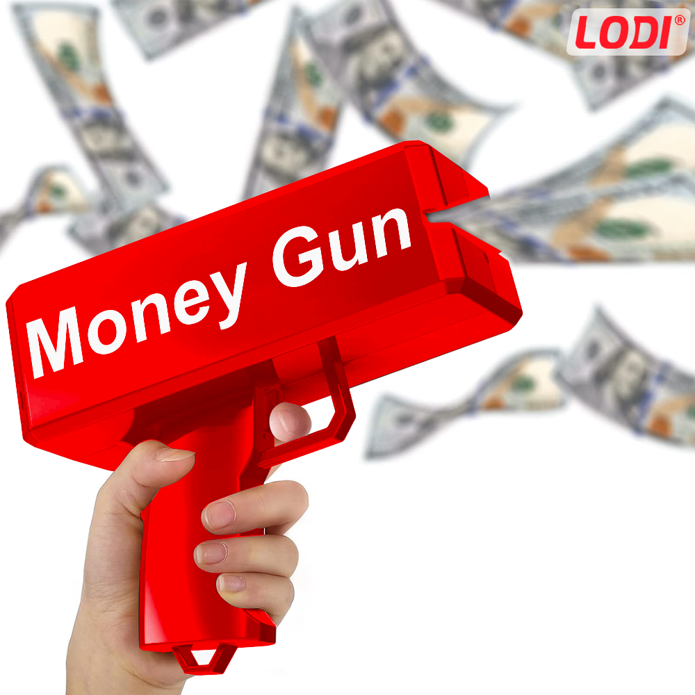 Pistol de Lansat Bani Lodi1131, pentru petreceri si aniversari, carcasa rezistenta, autonomie pe baterii, capacitate 300 de bacnote, rosu