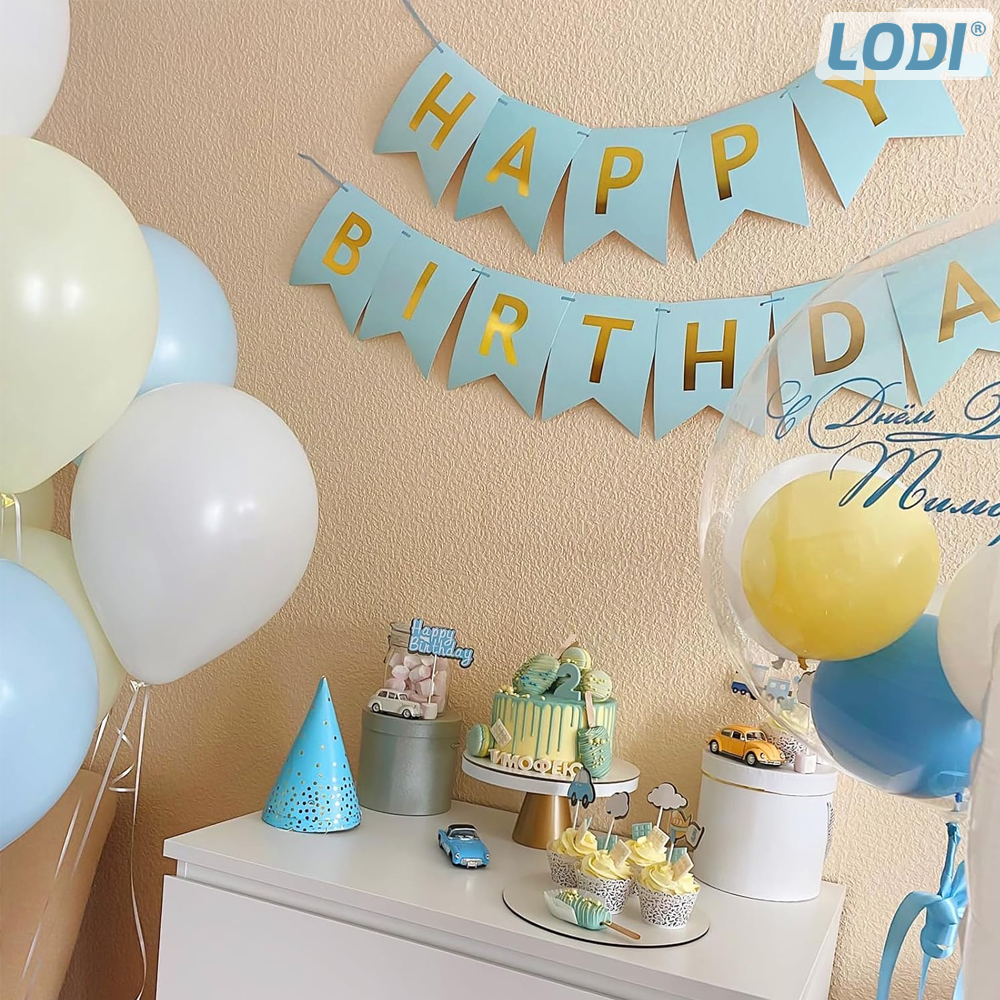 Set 5 Baloane cu Banner Lodi1062, Confetti, pentru Petreceri/Aniversari/Evenimente, model HAPPY BIRTHDAY, albastru