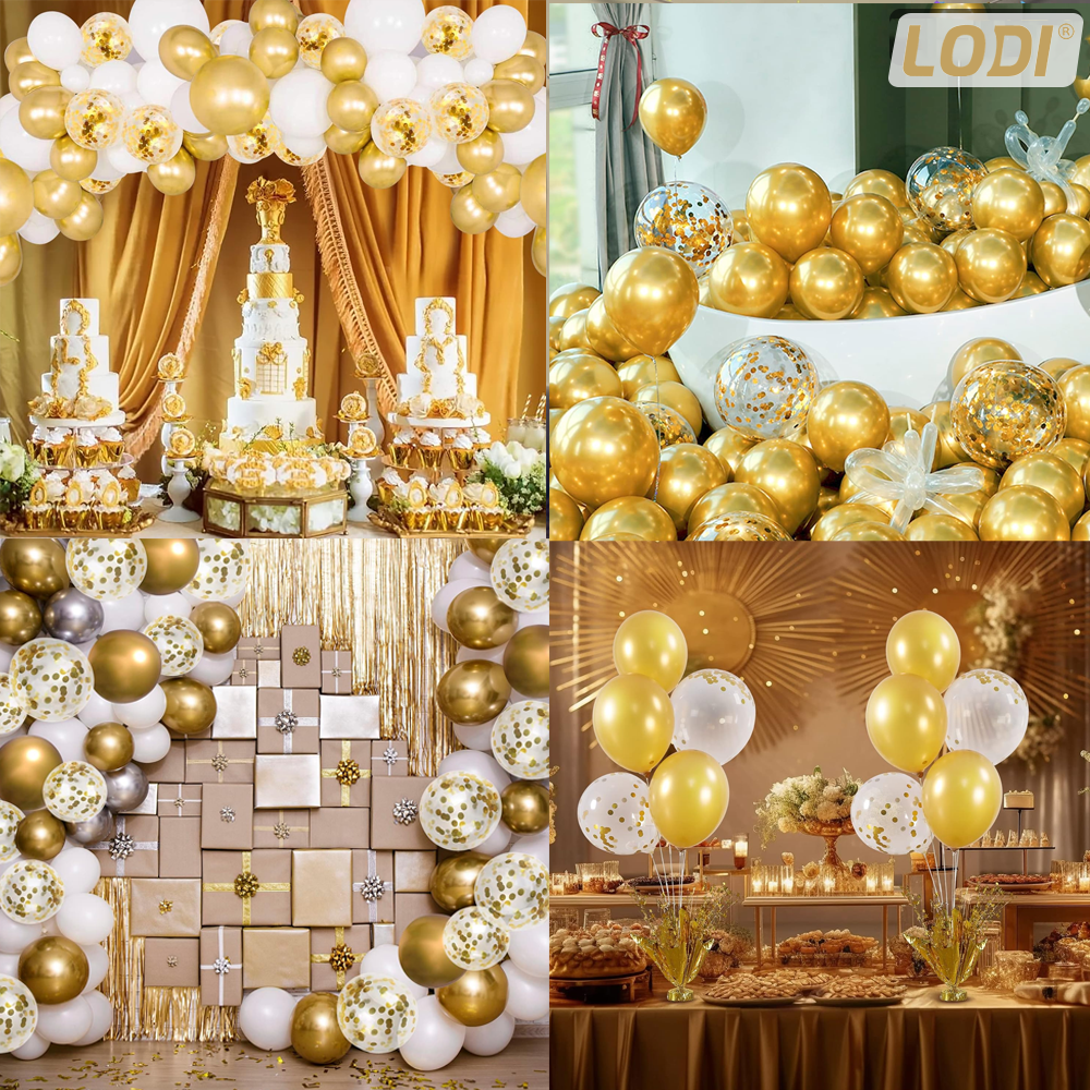 Set 10 Baloane Lodi769, Confeti, pentru Petreceri/Aniversari/Evenimente, o singura dimensiune, 2 culori, latex, gold