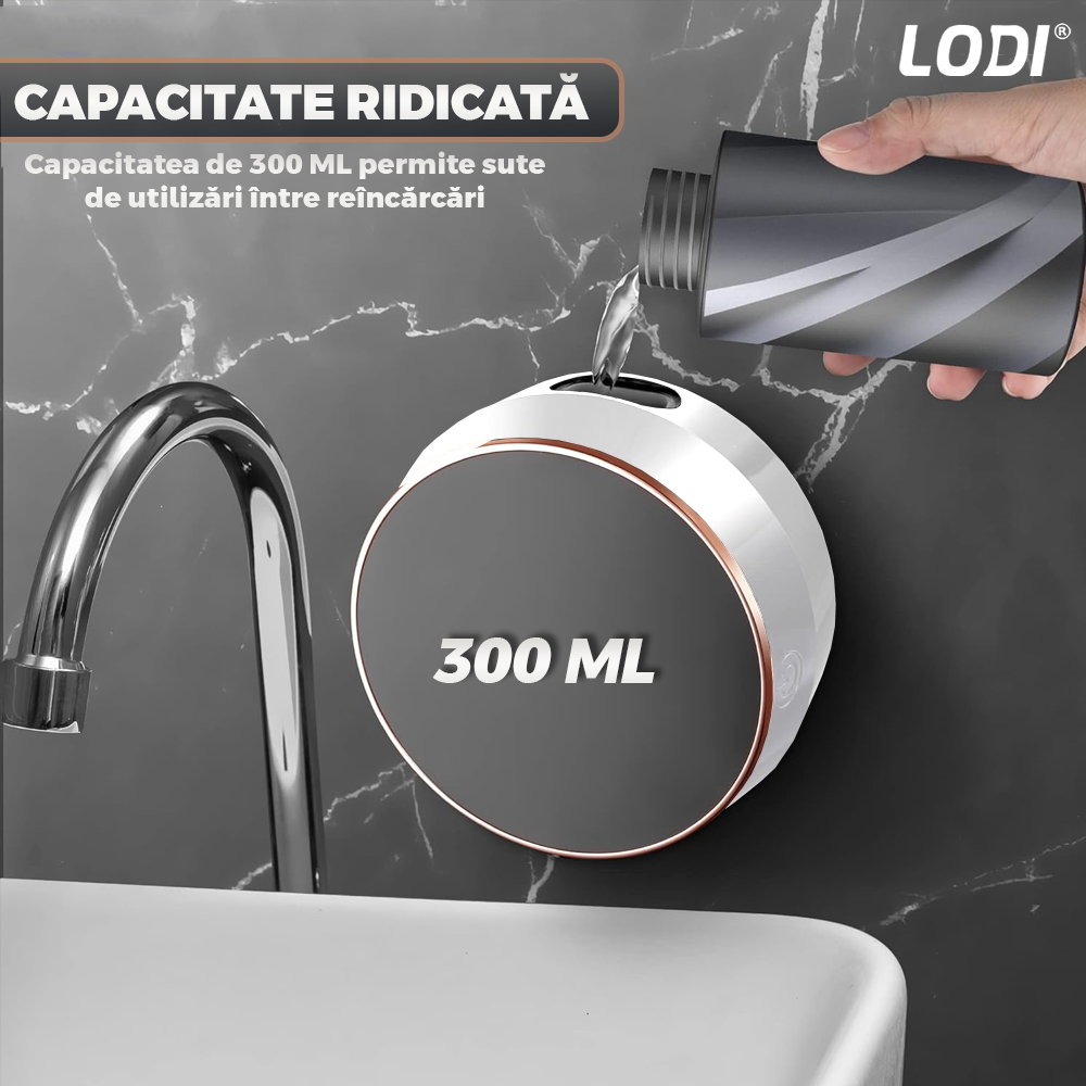 Dozator Automat pentru Sapun Lodi1217, spuma sau lichid, afisaj digital, 3 trepte de dozare, senzor inteligent de miscare, baterie reincarcabila, montare adeziva pe perete, alb/negru