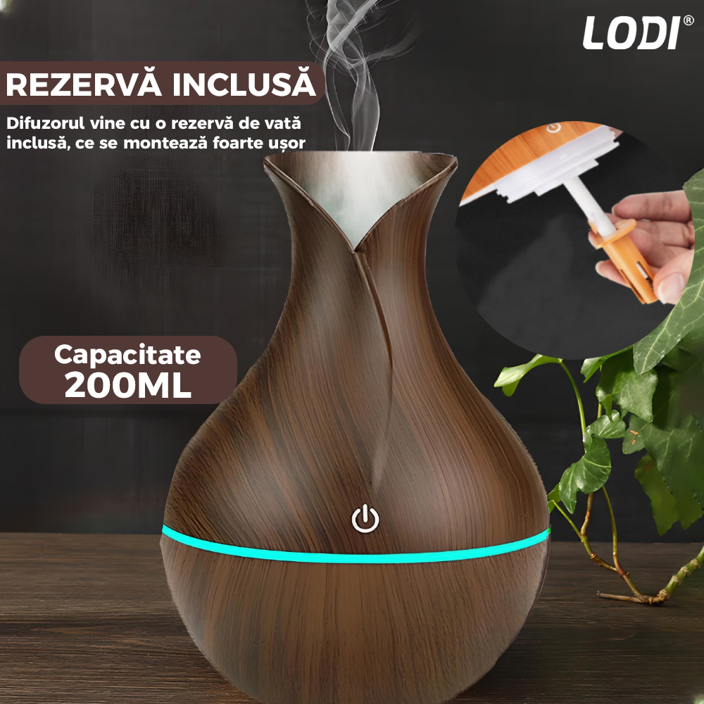 Difuzor Aromaterapie Lodi220, lumini ambientale, control tactil, capacitate 200ml, silentios, rezerva inclusa, alimentare USB, umidifica aerul, stejar inchis