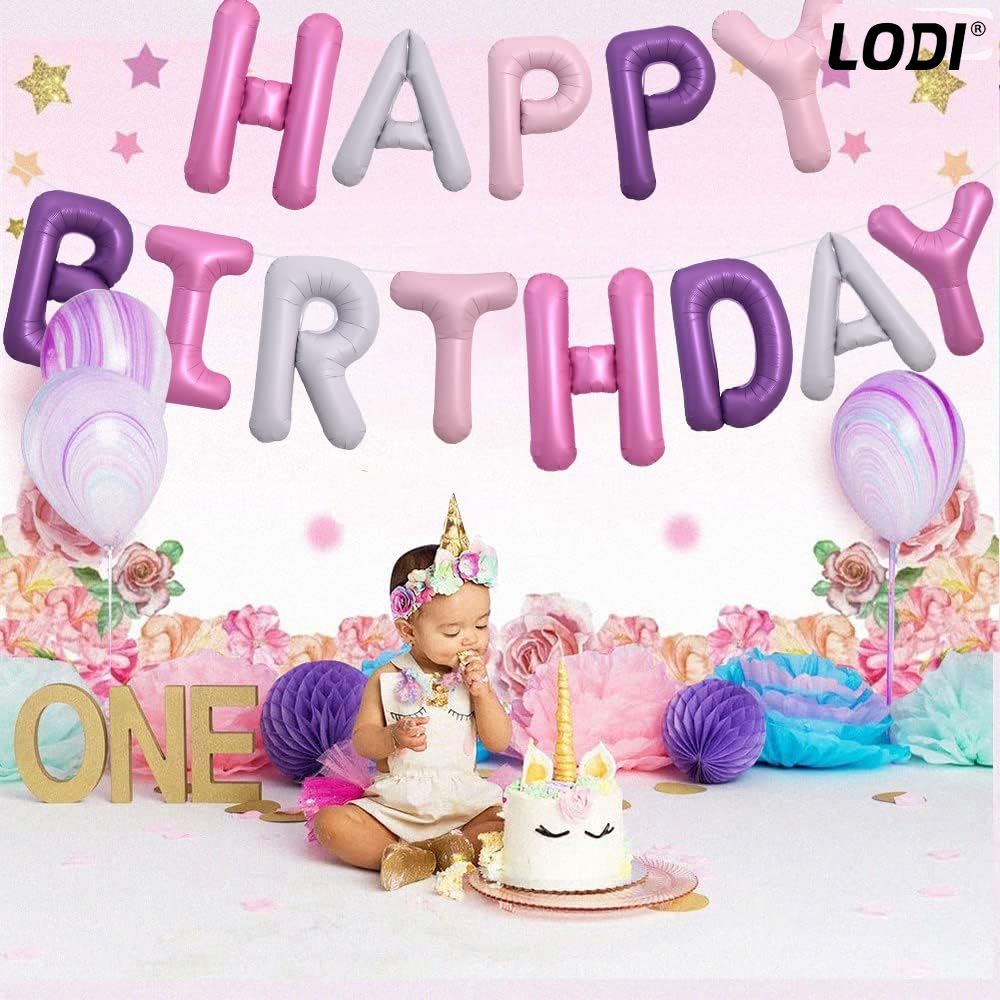 Set 25 Baloane Lodi1042, Litere, pentru Petreceri/Aniversari/Evenimente, confetti, stelute, model HAPPY BIRTHDAY, roz/mov/alb