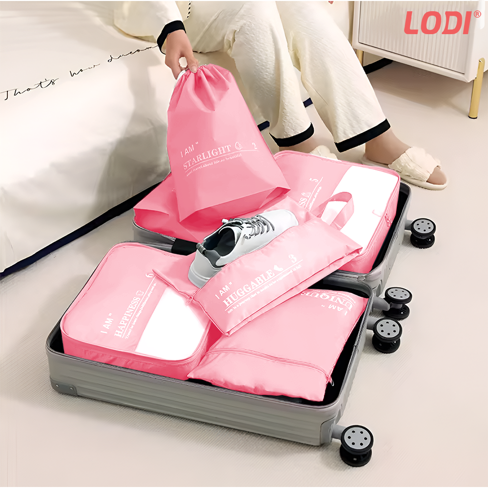 Set 6 Organizatoare Lodi1240, pentru calatorie, diferite marimi, bagaj de voiaj, valiza, troler, genti, haine, accesorii, inchidere cu fermoar dublu, plasa, roz