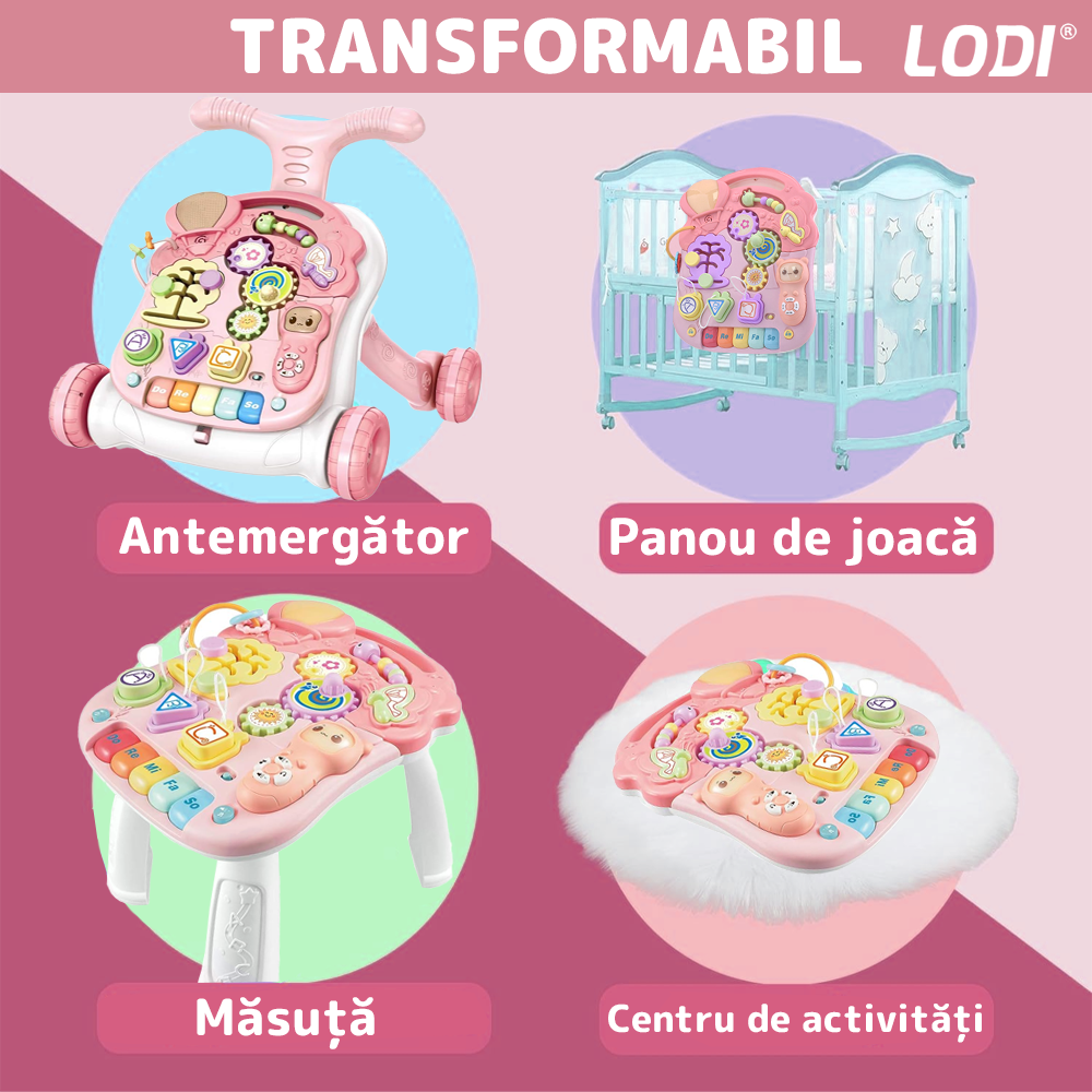 Antemergator Multifunctional 2in1 Lodi645, centru de activitati si joaca, telecomanda detasabila cu 15 melodii, masuta educativa cu 4 picioruse incluse, panou pentru invatarea numerelor si formelor, lumini si sunete, roz