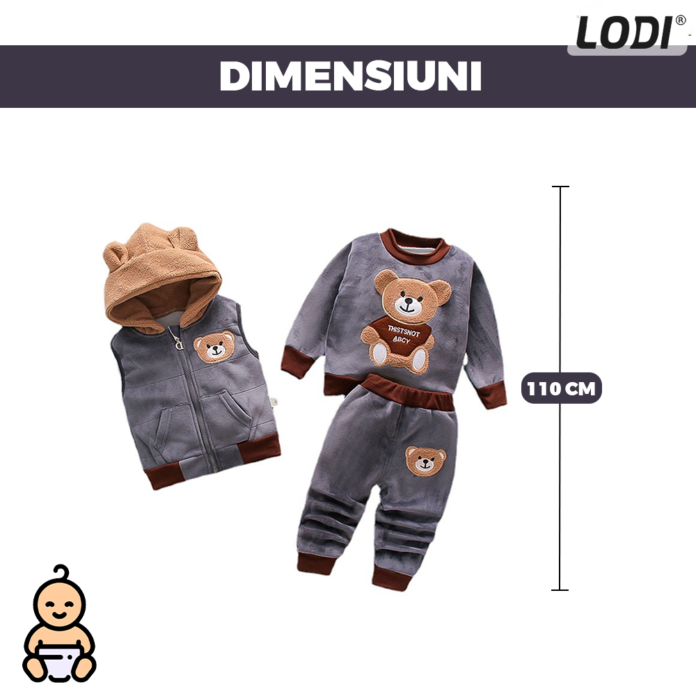 Compleu Copii din 3 Piese Lodi504, unisex, toamna-iarna, plus moale cu ursulet, bluza, pantaloni si vesta cu gluga pufoasa, 110 cm, gri
