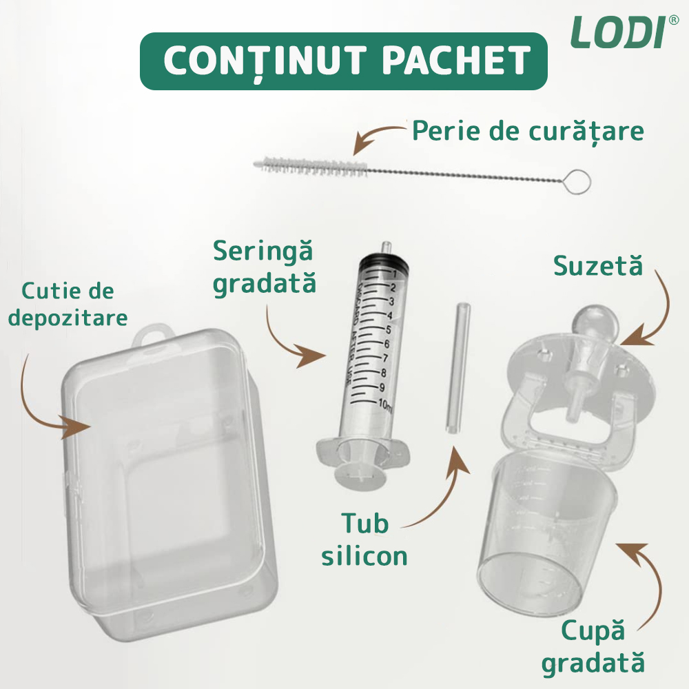 Dispenser Gradat Tip Suzeta Lodi41, administrare medicamente sugari, 6 piese, usor de folosit, 10ml, transparent