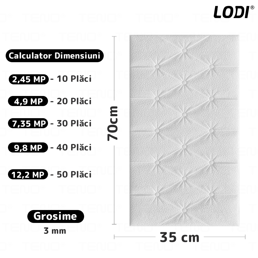 Set Tapet 3D Lodi385, suprafata acoperire 2.45 mp, autoadeziv, waterproof, design modern, usor de montat, 70x35cm, alb