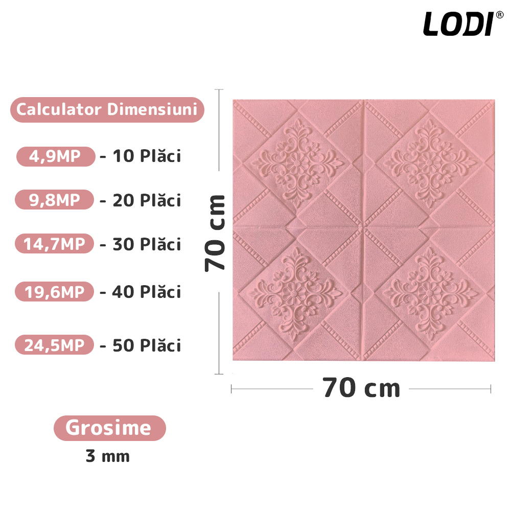 Set Tapet 3D Lodi117, suprafata acoperire 4.9 mp, autoadeziv, perete/tavan, model floral, waterproof, usor de montat, design modern, 70x70 cm, roz