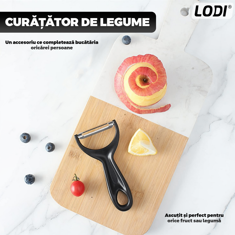 Strecuratoare 2 in 1 Lodi1453, razatoare incorporata, bol de scurgere, rotire 360°, 7 lame diferite, maner anti-alunecare, curatator de legume si fructe inclus, alb/negru