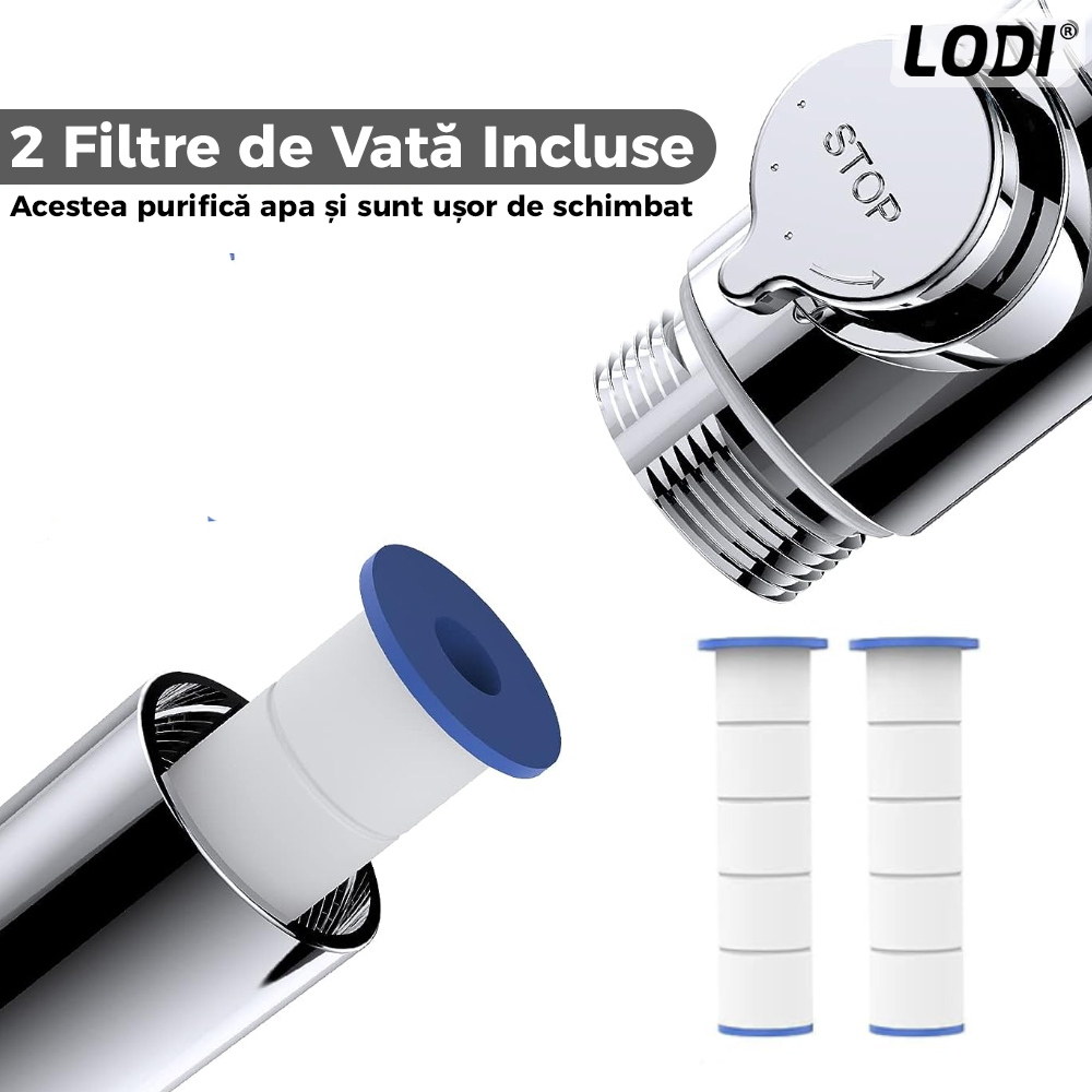 Para de Dus Turbo Lodi197, 2 filtre extra, buton On/Off, presiune ajustabila, filtrare apa, jet uniform, cap Rotativ 360°, argintiu