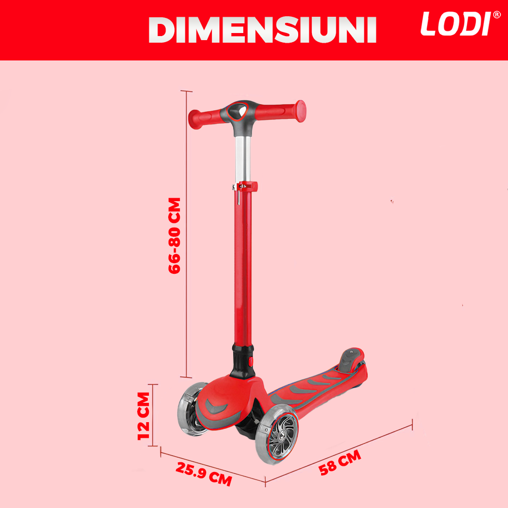 Trotineta pentru Copii cu Lumini Lodi1049, 3 roti, pliabila, anti-aluncare, inaltime ajustabila, stabila, frana, incorporata, 3-11 ani, rosu