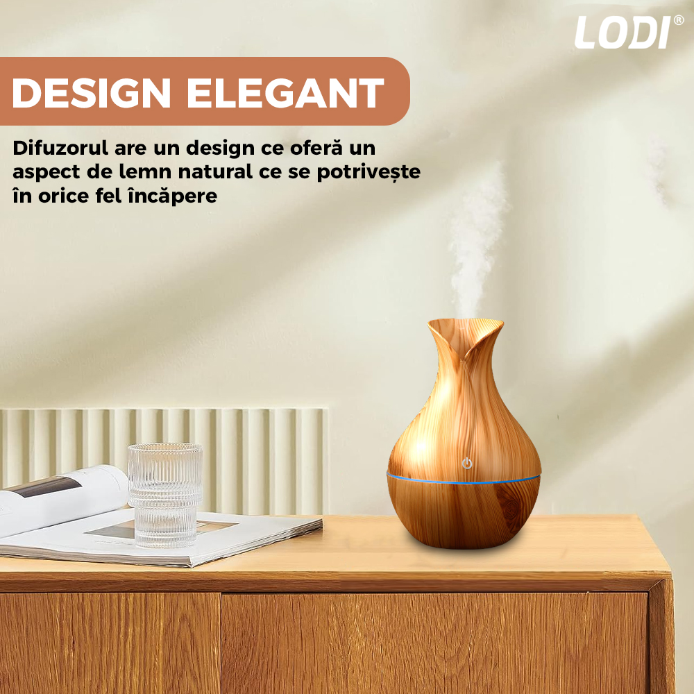 Difuzor Aromaterapie Lodi219, lumini ambientale, control tactil, capacitate 200ml, silentios, rezerva inclusa, alimentare USB, umidifica aerul, stejar deschis