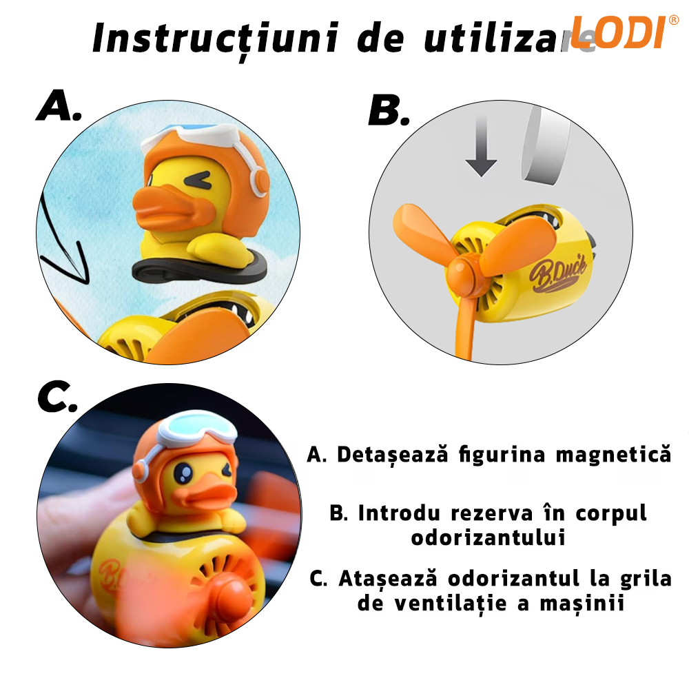 Difuzor Auto Aromaterapie Lodi336 car pilot yellow duck, kit odorizant, 2 arome cu extracte naturale incluse