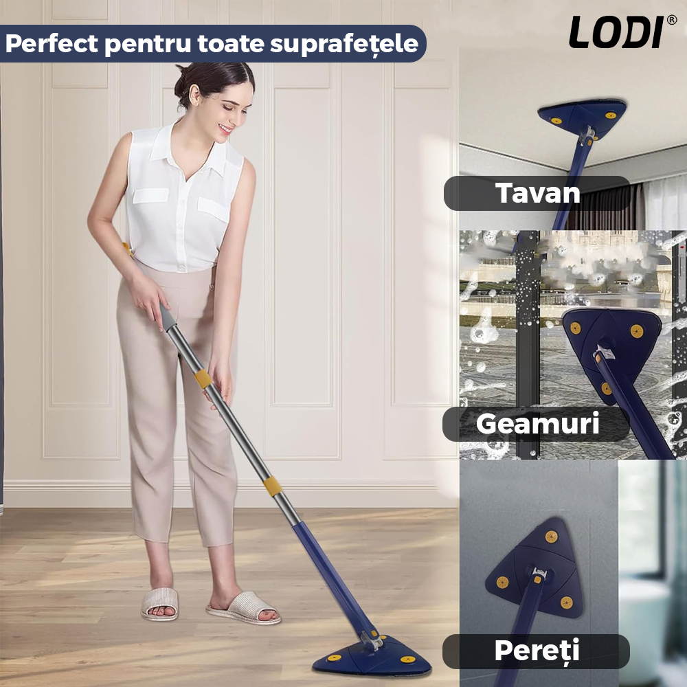 Mop cu Cap Triunghiular Lodi709, rotire 360 grade, telescopic, curatare usoara, 2 lavete incluse, 127 cm, albastru/galben