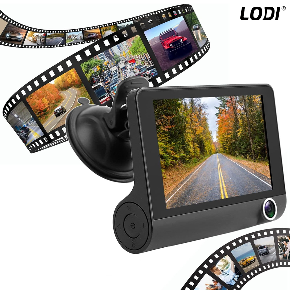 Camera Auto Tripla Lodi1498, fata, spate, interior, laterale, vizualizare unghi de 140°, camera marsarier, ecran de 4”, LED, full HD 1080p, loop recording, negru