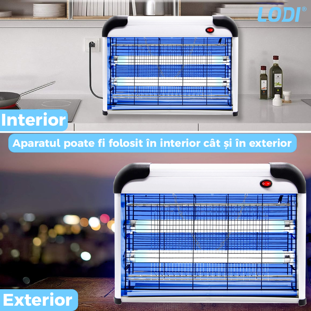 Aparat Electric Anti-Insecte Lodi1170, 4W, Insectocutor cu 2x tuburi ultraviolete, raza de actiune 200 m², unghi de propagare 360º, design modern, alb/negru