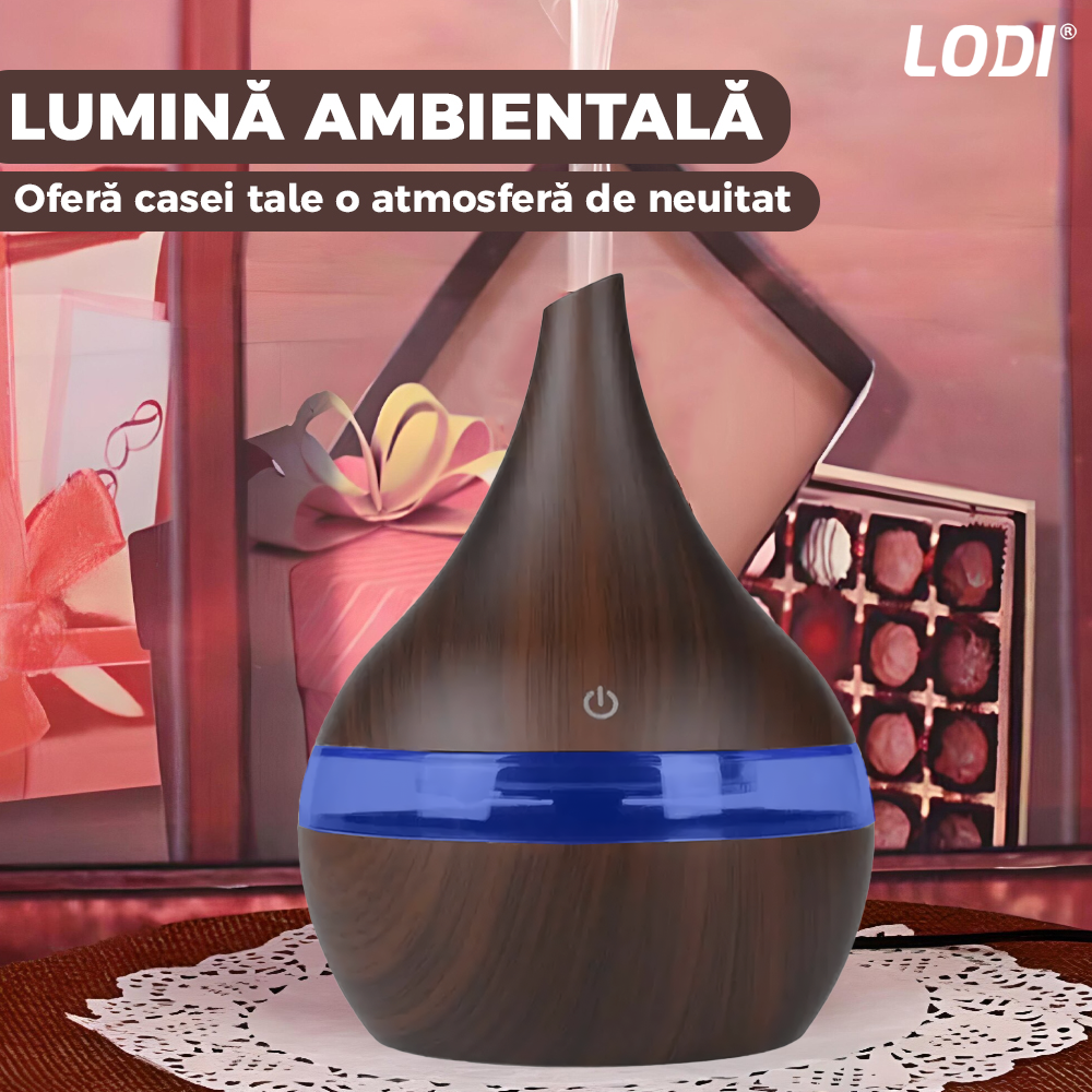 Difuzor Aromaterapie Lodi1463, forma conica, lumini ambientale, control tactil, capacitate 200ml, silentios, rezerva inclusa, alimentare USB, umidifica aerul, stejar inchis