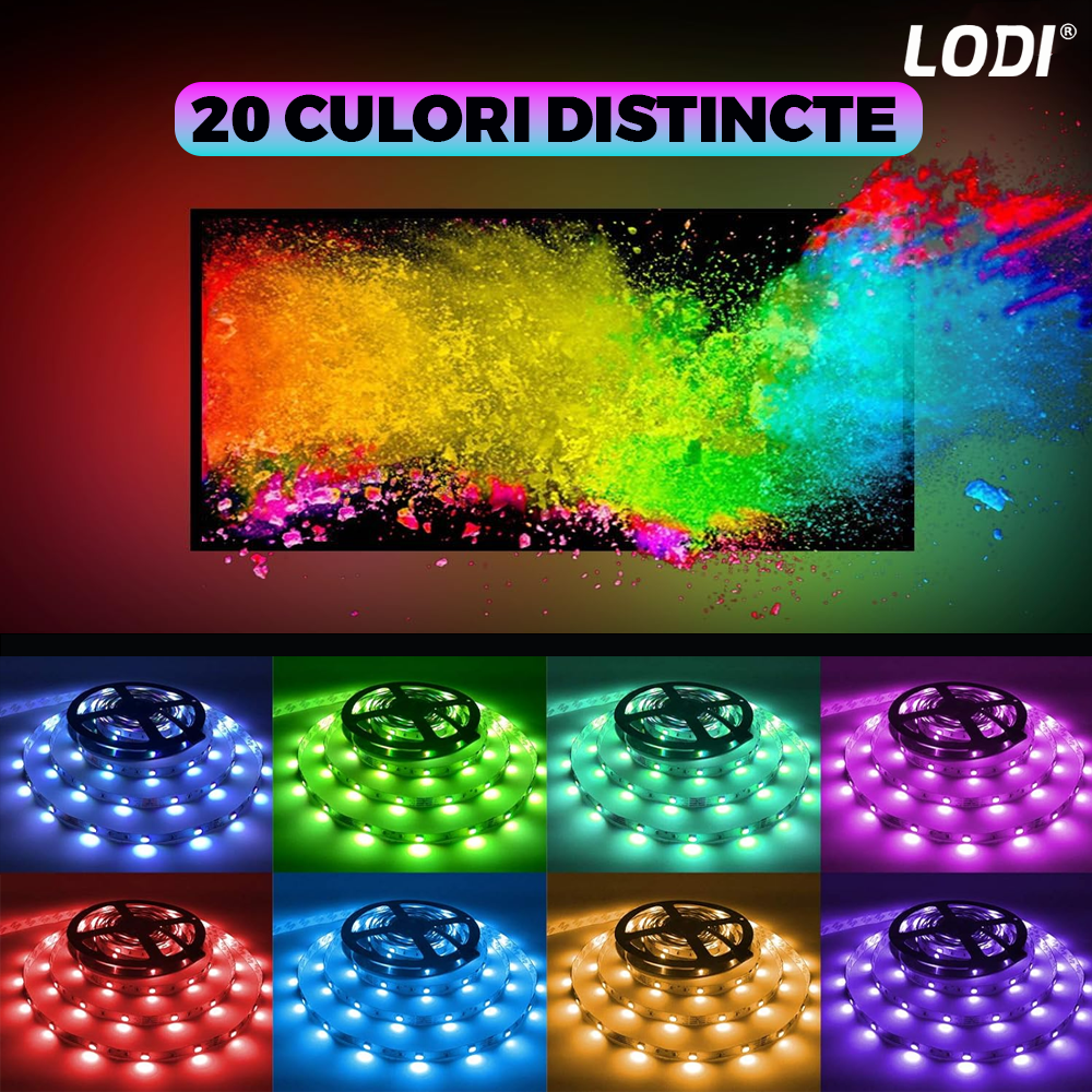 Kit Banda LED RGB Lodi453, inteligenta cu intensitate de lumina si culori reglabile, control prin telecomanda cu 44 taste, 5050RGB, utilizare exterior IP20, 5 m, multicolora