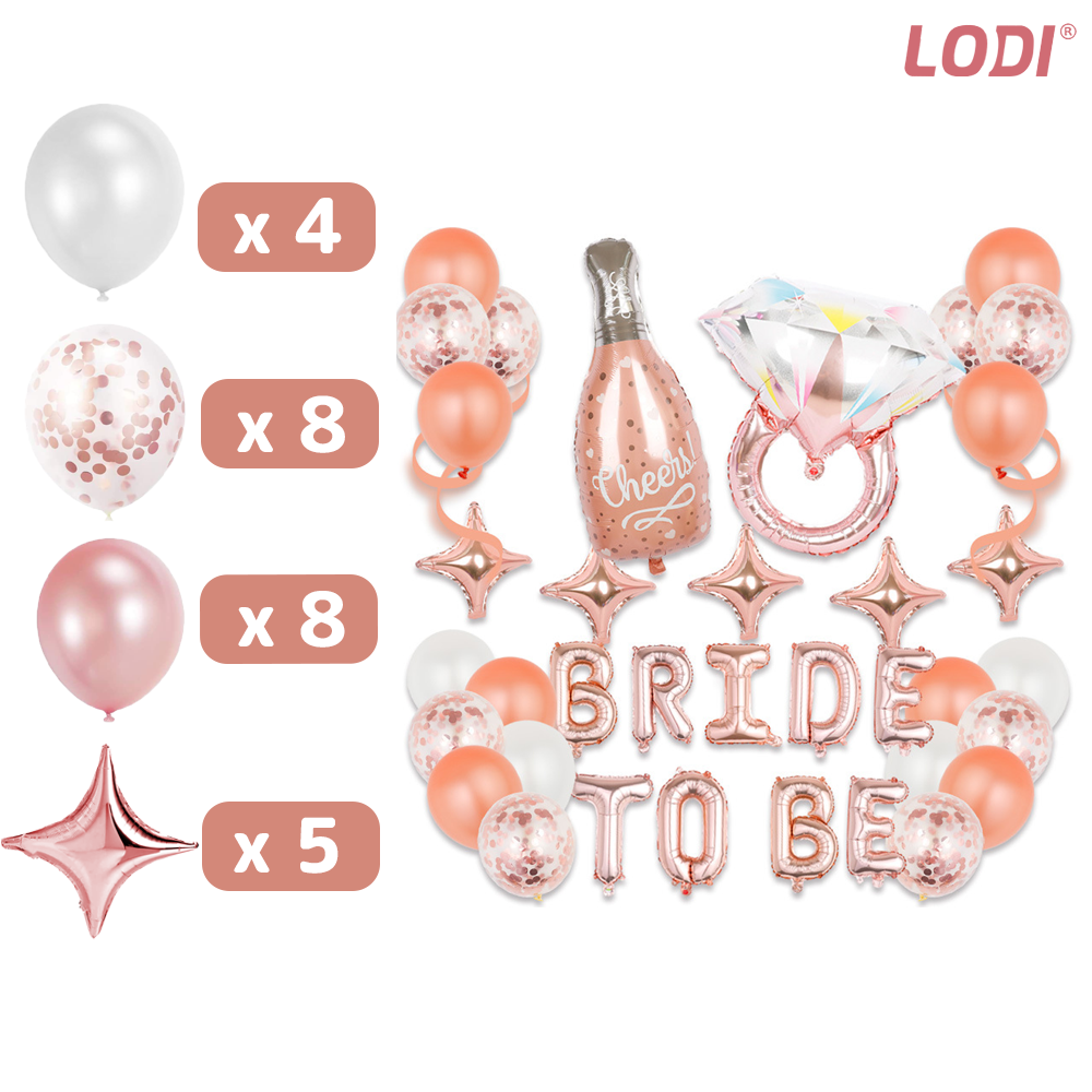 Set 36 Baloane Lodi749, Litere, pentru Petreceri/Aniversari/Evenimente, sticla de sampanie, inel de logodna, mai multe dimensiuni, metalizate, folie, model BRIDE TO BE, rose gold