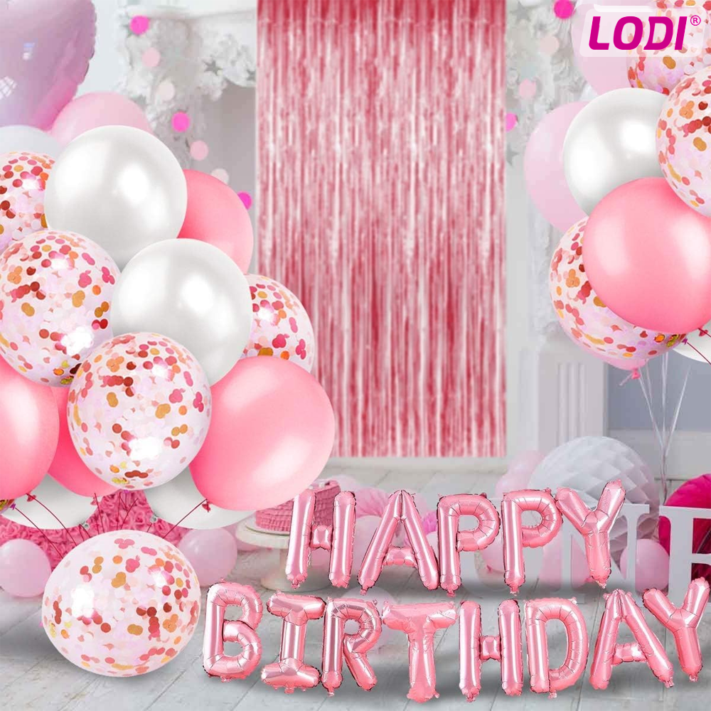 Set 25 Baloane Lodi717, Litere, pentru Petreceri/Aniversari/Evenimente, confetti, stelute, model HAPPY BIRTHDAY, rose