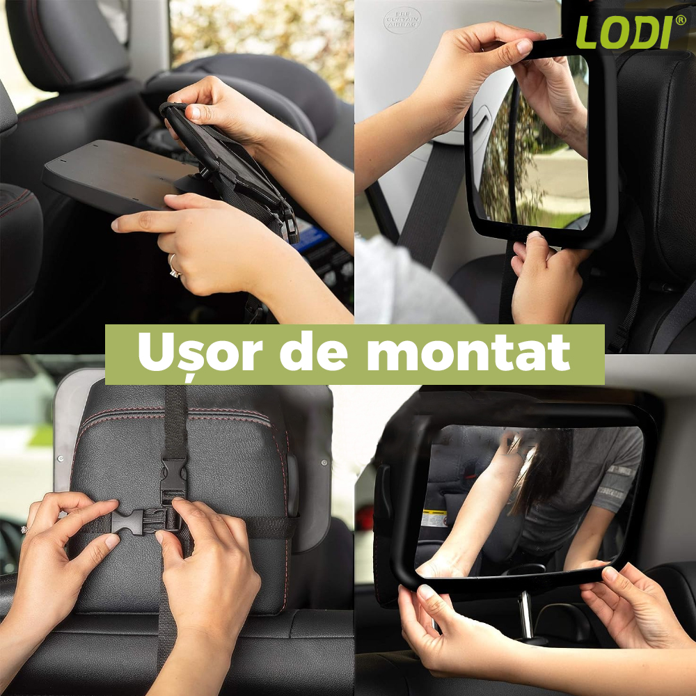 Oglinda Auto Supraveghere Bebe Lodi125, fixare tetiera, anti-alunecare, rotire 360 grade, curele reglabile, convexa, 30x20 cm, negru