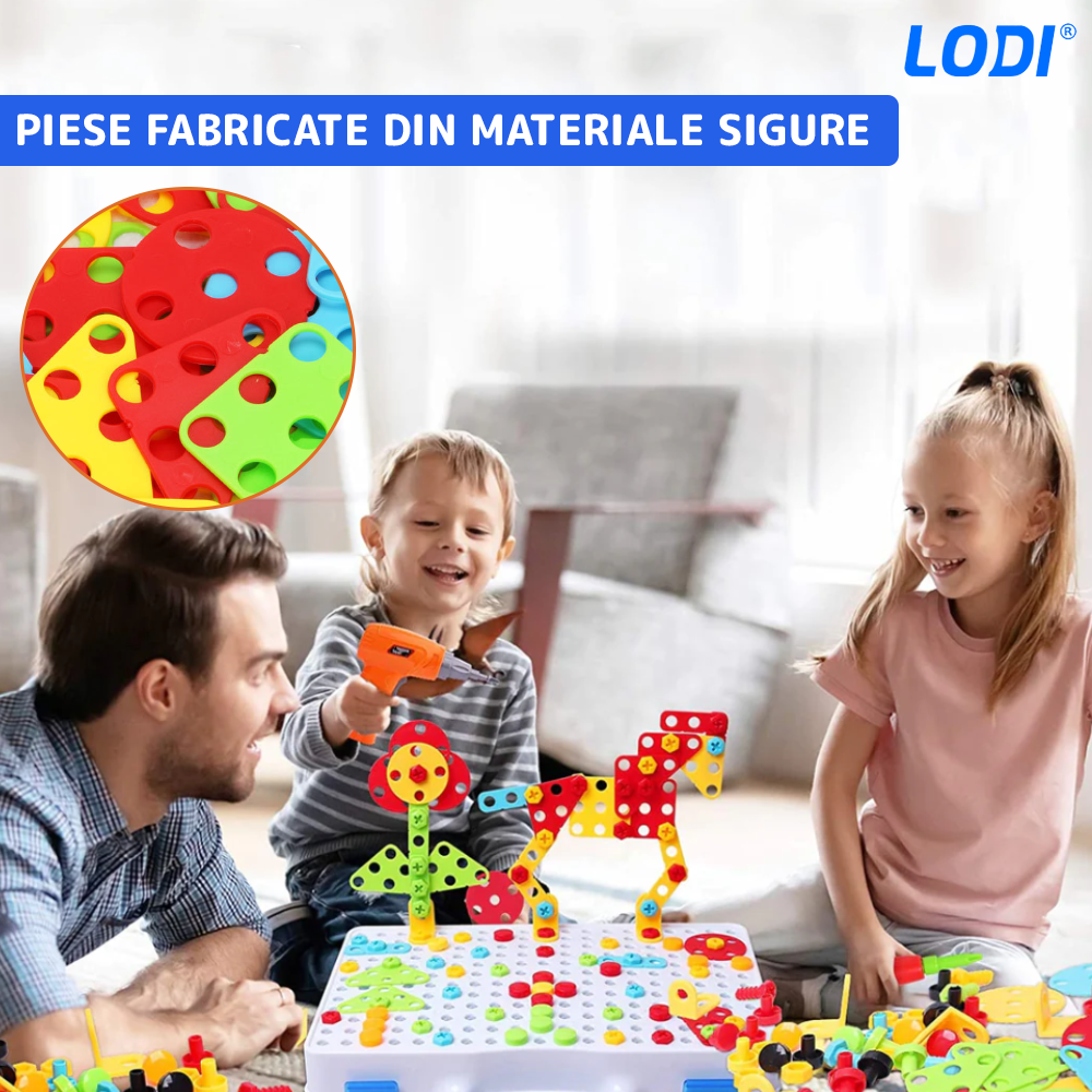 Jucarie Educativa si Interactiva 4in1 Lodi511, 151 piese, bormasina pentru inginerie, pentru fete si baieti, manual inclus, puzzle 3D/2D, dezvoltare STEM, montessori, multicolor