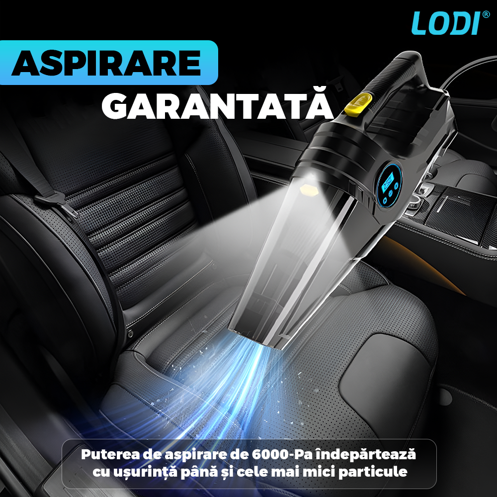 Aspirator Auto 4 in 1 Lodi1179, portabil, multifunctional, wireless, compresor anvelope. manometru, lanterna LED, aspirare umeda/uscata, vacuum 6000 mbar, putere motor 100W, afisaj digital, negru