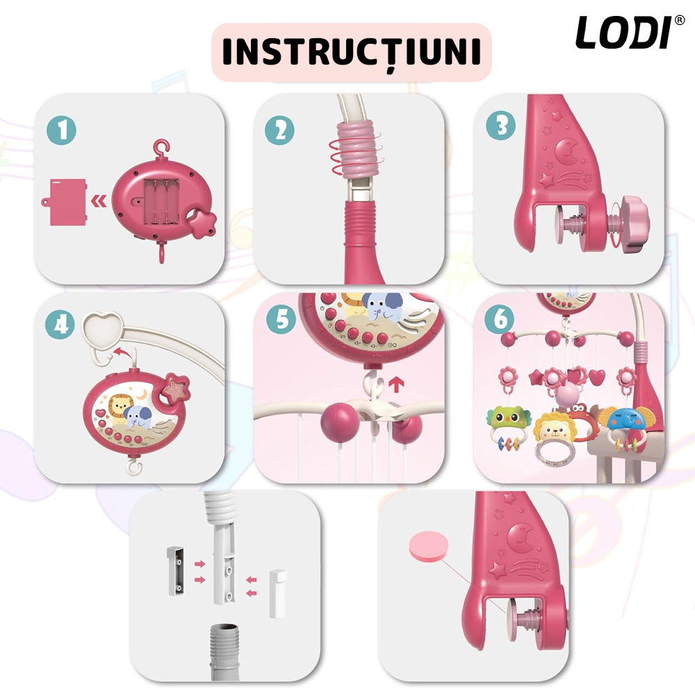 Carusel Muzical pentru Patut Lodi642, Bebe, control prin telecomanda, proiector, muzica si lumini, jucarii detasabile, rosu