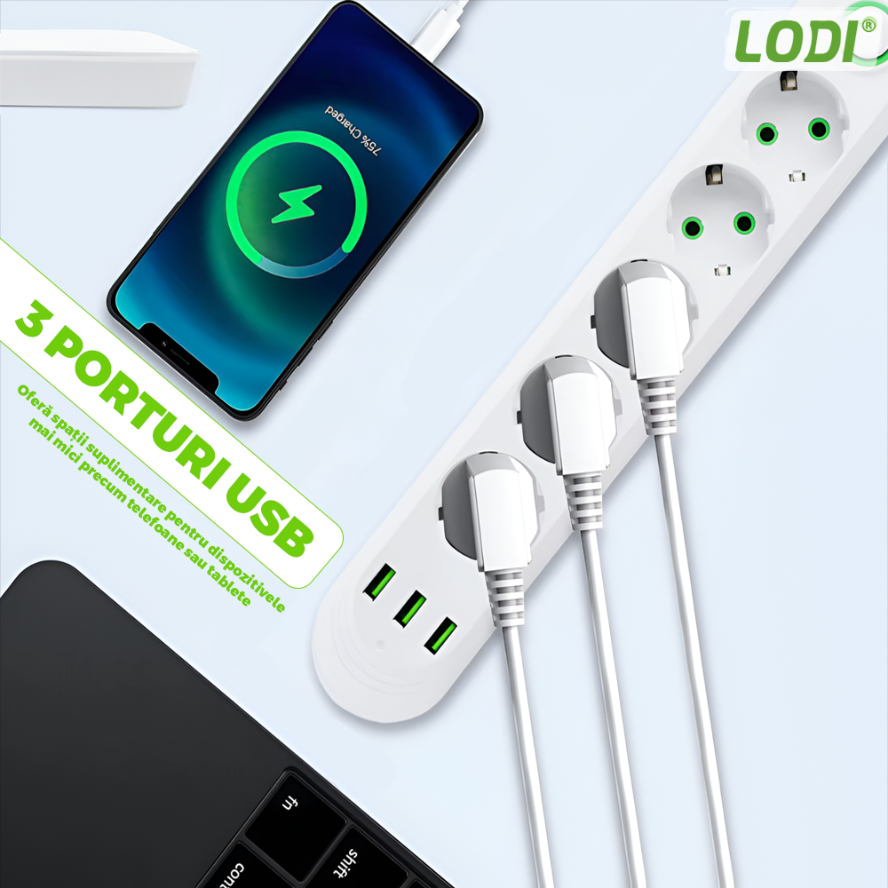 Prelungitor Lodi1278, 5 prize, 3 porturi USB, intrerupator, suport de agatare incorporat, rezistent la temperaturi inalte, universal, lungime 3 metri, alb