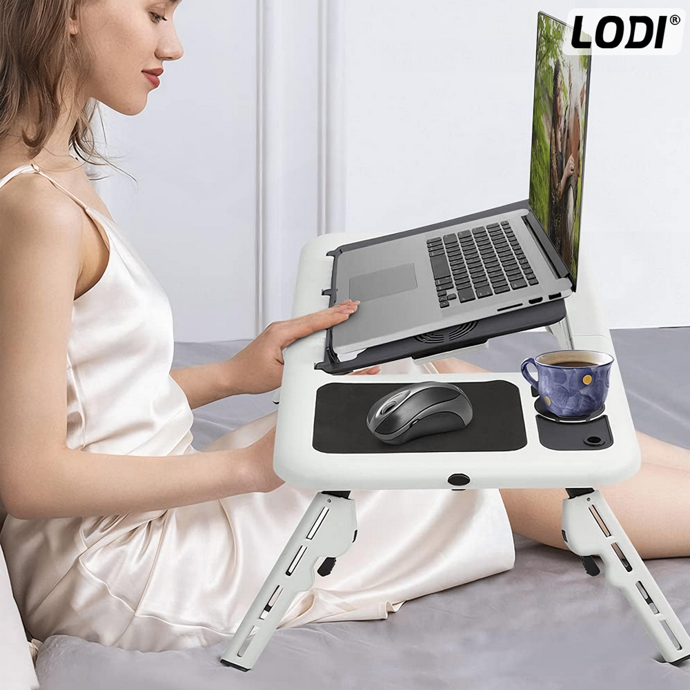 Masuta Universala Lodi1517, pliabila, pentru laptop/tableta/ mic dejun la pat, sistem cu fante de racire, suport pentru pahar, unghi reglabil, usor de depozitat, alb/negru