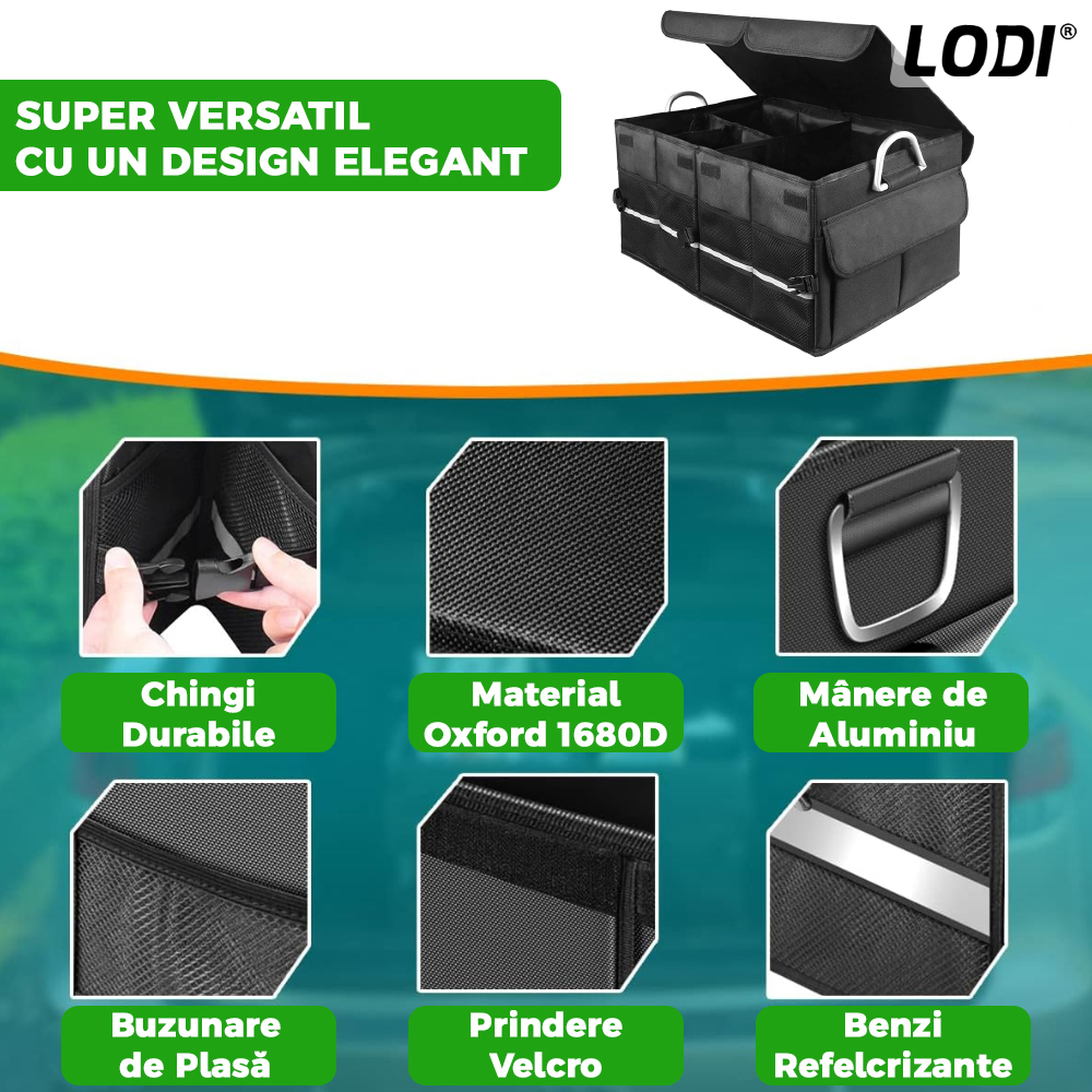Organizator Auto Portbagaj Lodi292, 8 compartimente, pliabil, impermeabil, portabil, manere aluminiu, multifunctional, universal, capac inclus, negru