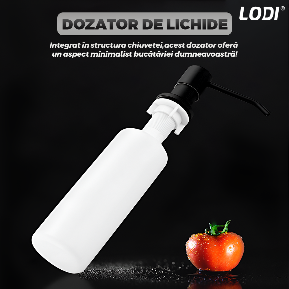 Chiuveta Multifunctionala pentru Bucatarie Lodi1218, materiale premium, baterie extensibila cu furtun de 60 de cm, rotire 360°, dozator de sapun inclus, scurgator de vase detasabil, adanca, usor de montat, negru mat