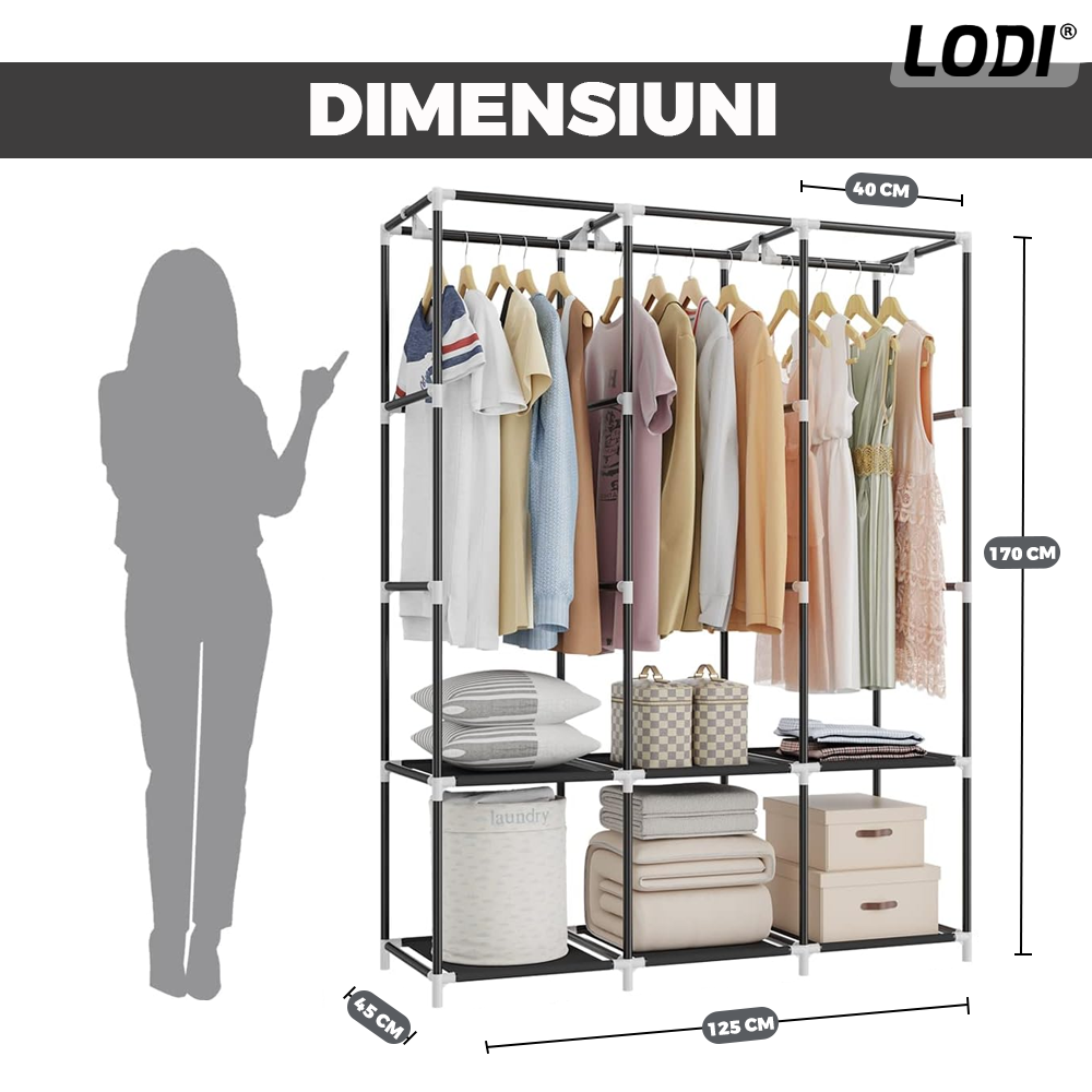Dulap din Material Textil pentru Haine si Incaltaminte Lodi423, impermeabil, 8 rafturi, inchidere fermoar, suport umerase, cadru otel, 170 cm, gri