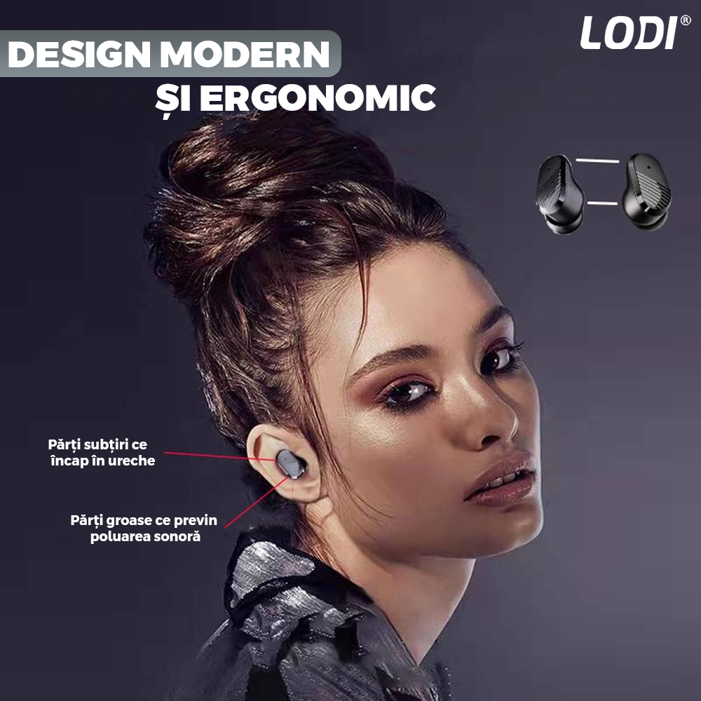 Casti Wireless Lodi985, TWS, Bluetooth 5.0, afisaj digital, carcasa magnetica, sunet stereo, compatibilitate univesala, design compact, autonomie 7 ore,negru
