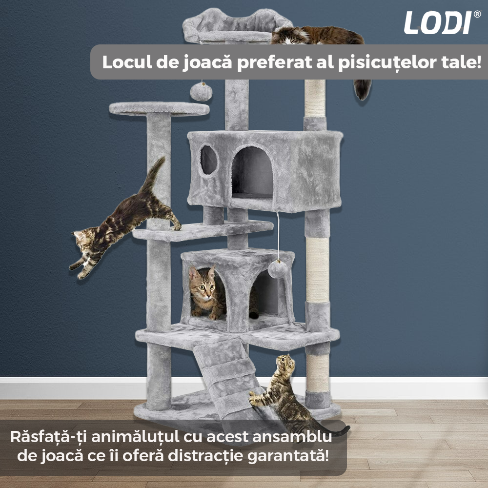 Ansamblu de Joaca pentru Pisici Lodi628, tip turn, 3 platforme de observatie, 6 niveluri, 2 casute, scara, franghie si mingiuta de joaca, stalpi pentru zgariat, captuseala extra moale, structura stabila, 138.5 cm, gri deschis