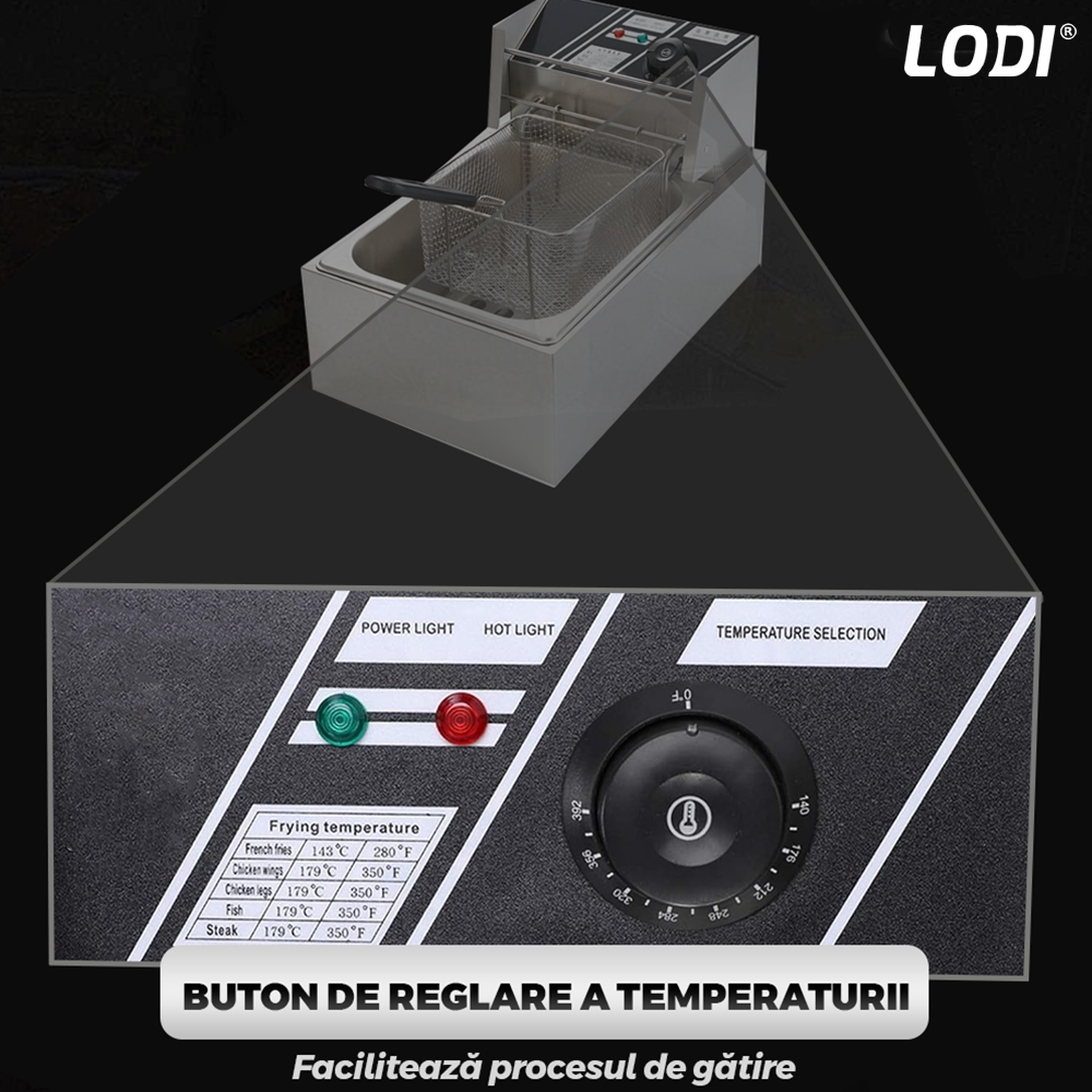 Friteuza Electrica Comerciala Lodi1110, un rezervor, usor de curatat, cos auto-strecurabil, blat din otel inoxidabil, capac pentru prevenirea stropirii, capacitate 10L, gri