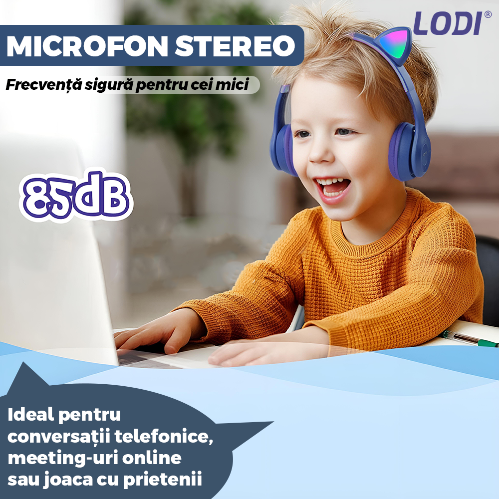 Casti Wireless Model Pisica Lodi954, P47M, overear, urechi de pisica cu iluminare RGB, bluetooth 5.0, handsfree, HiFi, bass stereo, albastru inchis