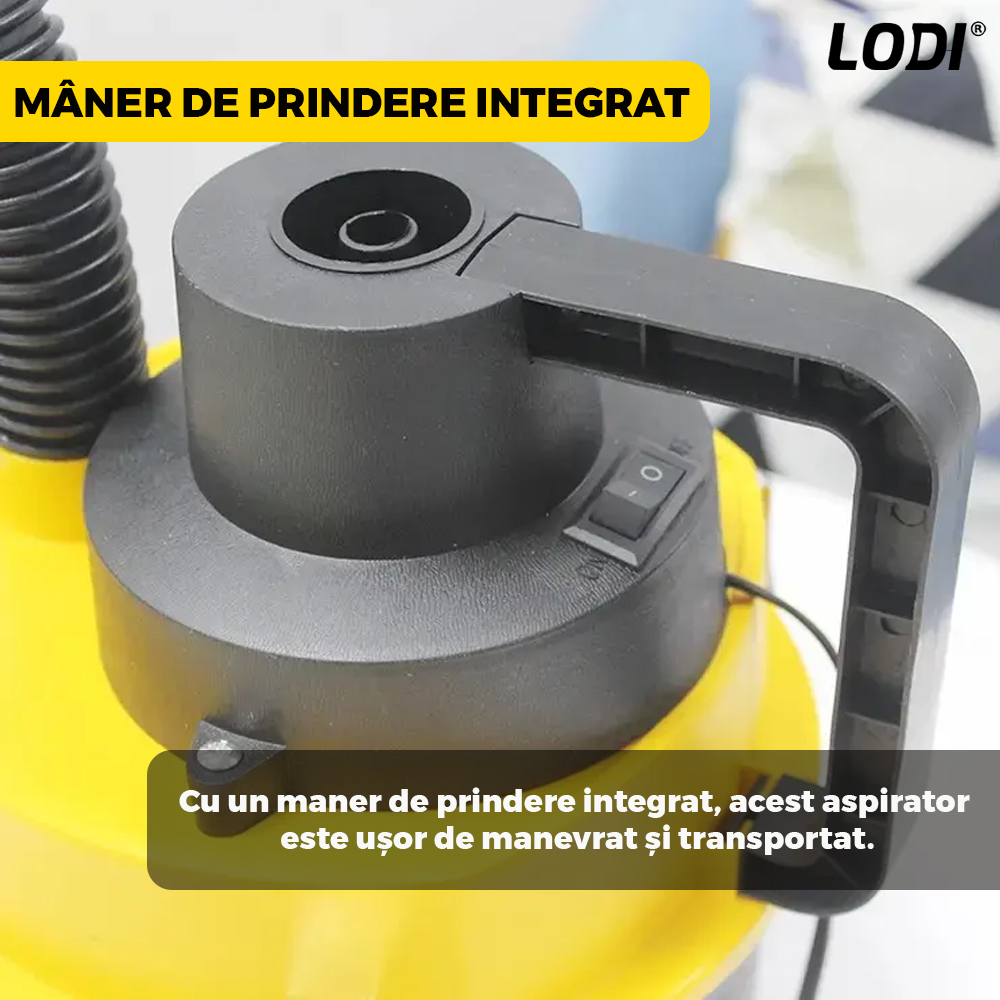 Aspirator Auto Portabil Lodi359, capacitate 3 litri, 120 W, alimentare bricheta auto 12 V, aspirare umed si uscat, 4 accesorii incluse, galben