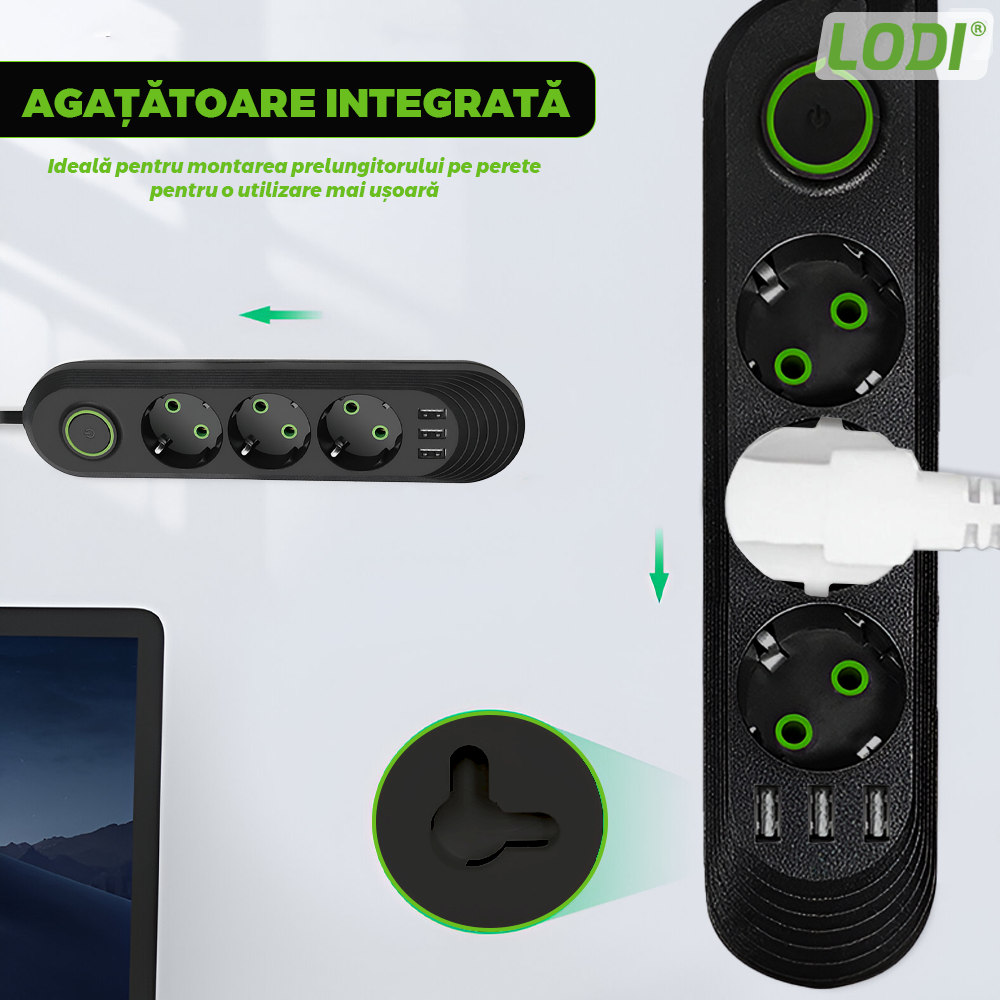 Prelungitor Lodi1277, 3 prize, 3 porturi USB, intrerupator, suport de agatare incorporat, rezistent la temperaturi inalte, universal, lungime 2 metri, negru